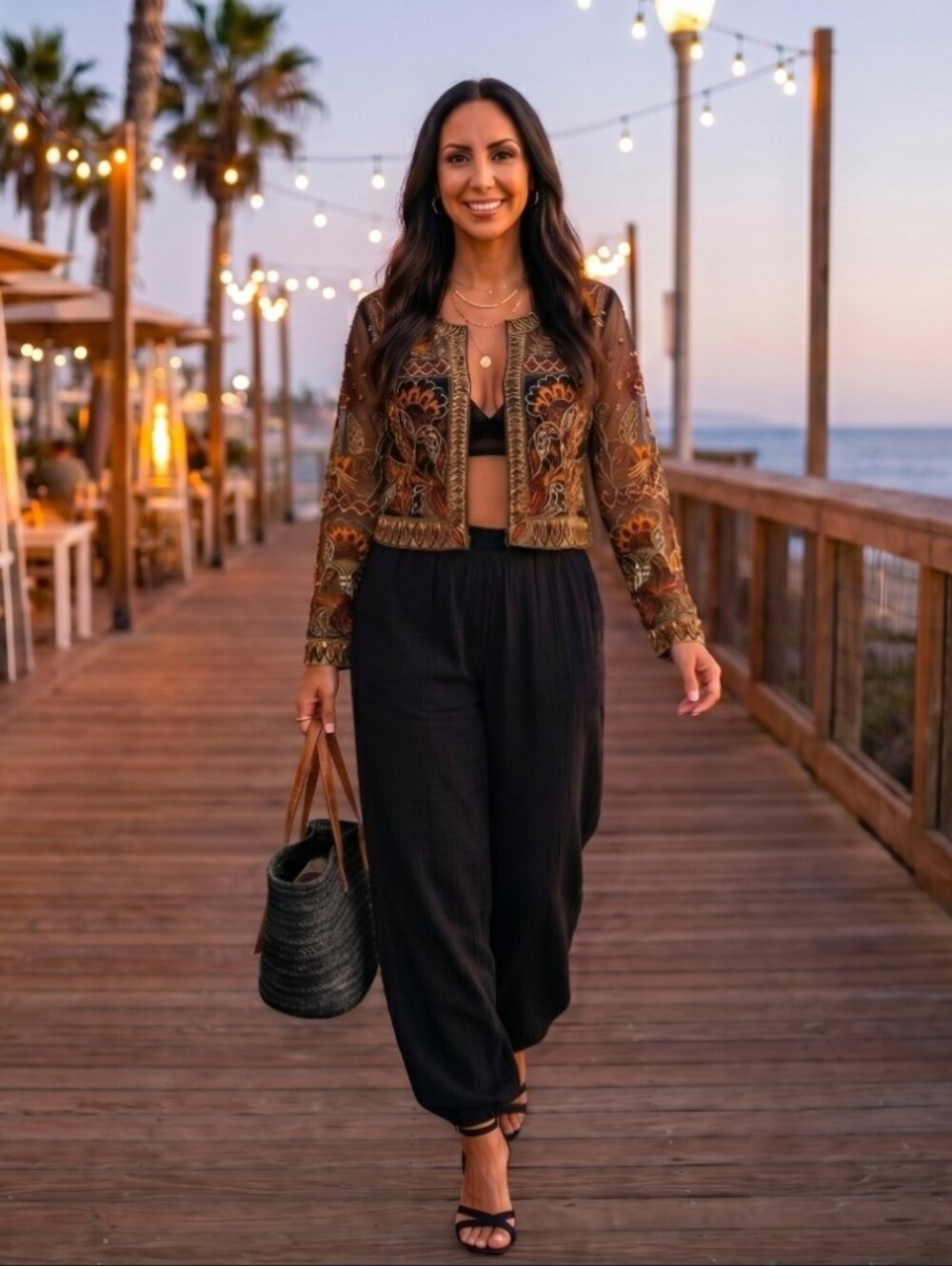 Boho Embroidered Cropped Mesh Jacket